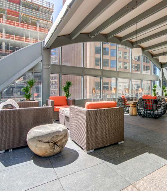 Modern outdoor seating area at Towers at Rincon, San Francisco