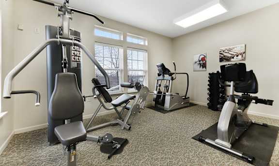 A home gym with a variety of equipment including a leg press machine, a rowing machine, and a stationary bike  at Summit Wood Apartments, Watertown, 13601