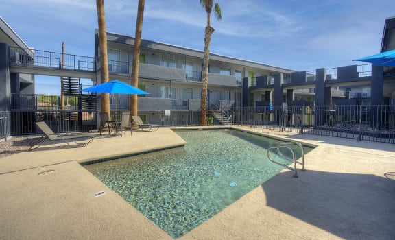 Lounge area and pool at Radius Apartments in Phoenix AZ Nov 2020