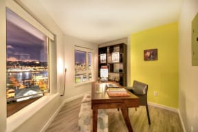  Office Area with View of Night Sky, Yellow Wall, Desk and Chair
