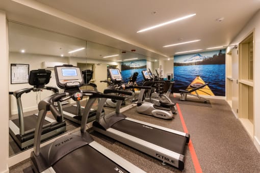 a gym with cardio equipment and a mural of a mountain and lake