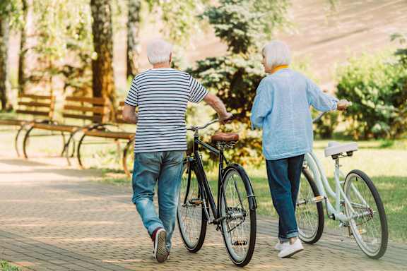 Two elderly people walking with bicycles in a park.