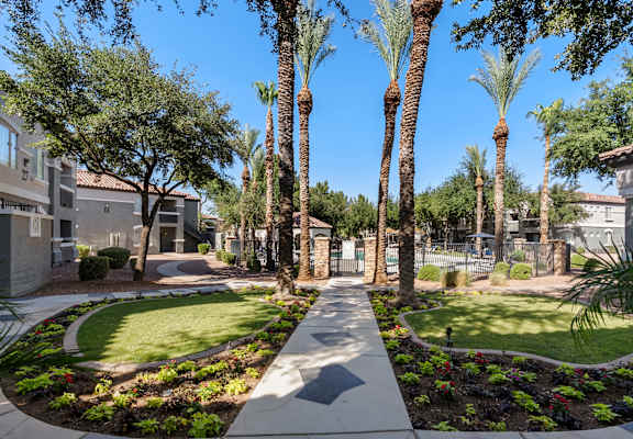 A pathway leads through a landscaped area with palm trees and shrubs.