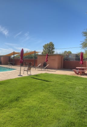 Pool pool patio and landscaping at San Simeon Apartments in Tucson AZ November 2020
