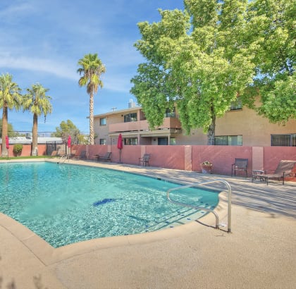 Pool and pool patio at San Simeon Apartments in Tucson AZ November 2020