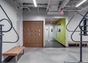 Thumbnail 11 of 15 - A gym with a bench, weights and a green wall.