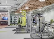Thumbnail 5 of 15 - A gym with a variety of equipment including a leg press machine.