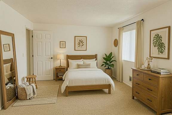 A bedroom with a large bed, a nightstand, and a dresser.