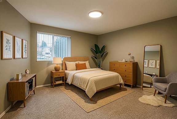 A bedroom with a bed, nightstand, and chair.