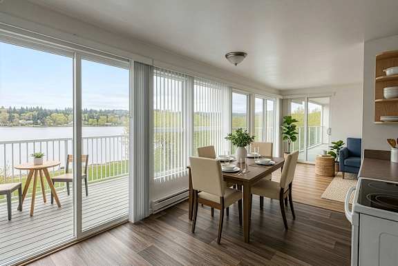 A dining room with a table and chairs is shown.