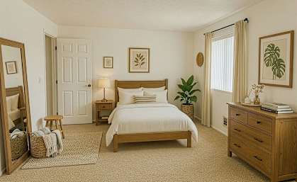 A bedroom with a large bed, a nightstand, and a dresser.