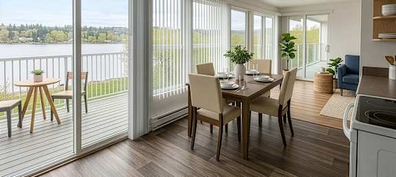A dining room with a table and chairs is shown.
