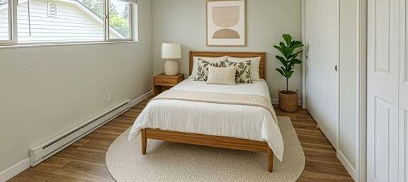 A bedroom with a bed, nightstand, and a plant.