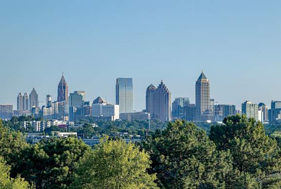 A city skyline with a mix of modern and older buildings is seen through the trees.