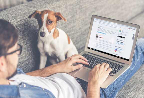 a man sitting on a couch using a laptop computer next to a dog