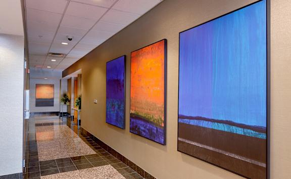 three paintings hanging on a wall in a hallway