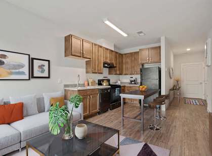 A modern kitchen with wooden cabinets and a glass table with a potted plant on it.