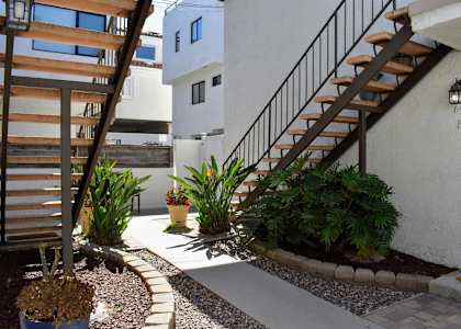 walkway between units with lush foliage
