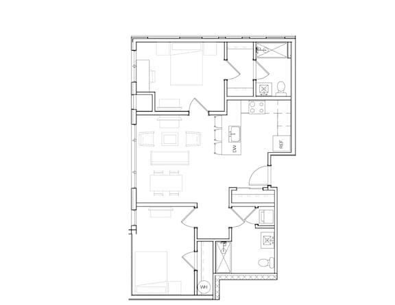A black and white image of a floor plan for a two bedroom, two bathroom apartment.