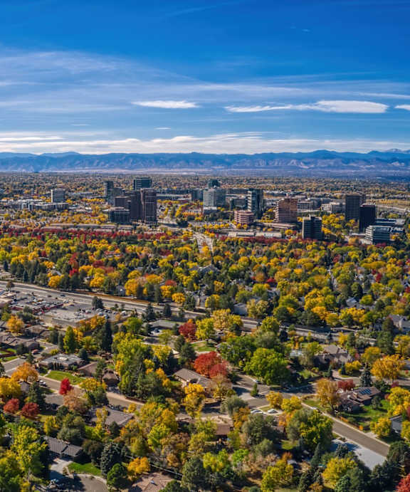 A cityscape with buildings and trees in autumn colors.