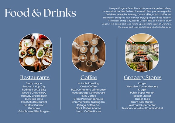 Food and drinks section with images of restaurants, cafes, and grocery stores.