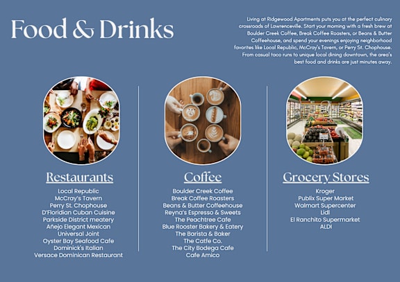 Food and drinks section with images of restaurants, cafes, and grocery stores.