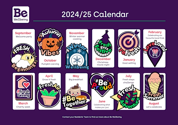 A 2024/25 calendar for Be Wellbeing with monthly events.