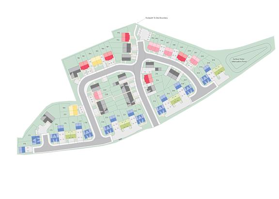 A map of a residential area with different colored blocks representing different houses.