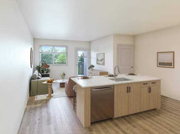 A kitchen with a sink, a window, and a dining table.