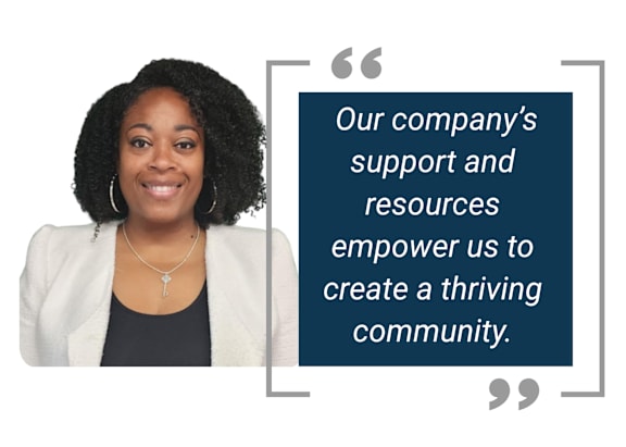 A woman with a quote about a company's support and resources empowering a thriving community.