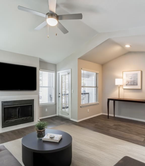 A living room with a fireplace and a television.