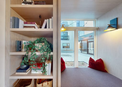 a bookshelf in a room with a window and a plant