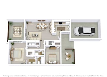 3D floor plan of a 2-bedroom, 1.5-bathroom ranch-style townhome showing layout and furniture across 1,054 sq. ft.