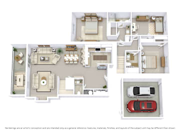 3D floor plan of a two-story townhome showing layout and furniture across 1,503 sq. ft.