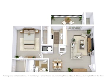 3D floor plan with angled view, room layout, and furniture placement for a 1-bed, 1-bath apartment at 720 sq. ft.