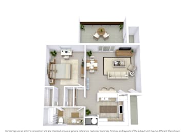 3D floor plan with angled view, room layout, and furniture placement for a 1-bed, 1-bath apartment at 742 sq. ft.