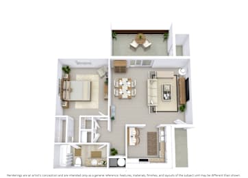 3D floor plan with angled view, room layout, and furniture placement for a 1-bed, 1-bath apartment at 794 sq. ft.