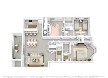 A 3D-floor plan giving an angled perspective of a 3 bedroom, 2 bathroom unit with furniture placement across 1,263 Sq. Ft.