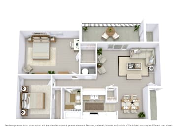 3D floor plan with angled view, room layout, and furniture placement for a 2-bed, 1-bath apartment at 904 sq. ft.