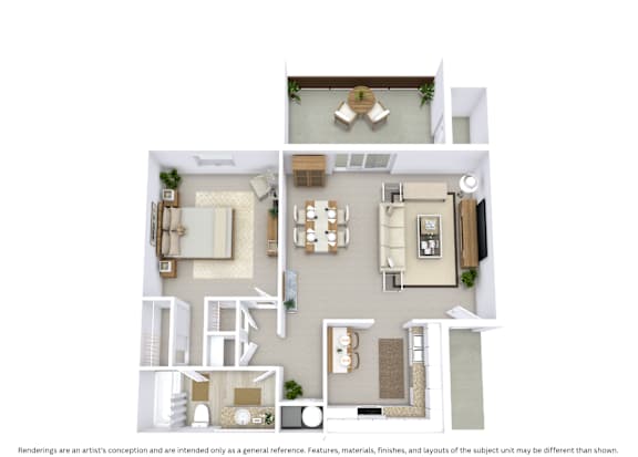 3D floor plan with angled view, room layout, and furniture placement for a 1-bed, 1-bath apartment at 794 sq. ft.
