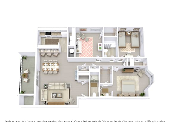 A 3D-floor plan giving an angled perspective of a 3 bedroom, 2 bathroom unit with furniture placement across 1,263 Sq. Ft.
