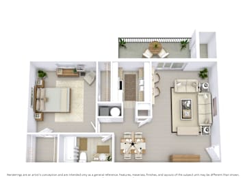 3D floor plan with angled view, room layout, and furniture placement for a 1-bed, 1-bath apartment at 766 sq. ft.
