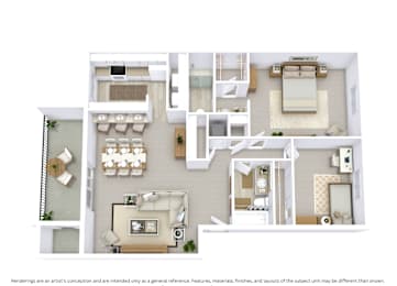 3D floor plan with angled view, room layout, and furniture placement for a 2-bed, 2-bath apartment at 1285 sq. ft.