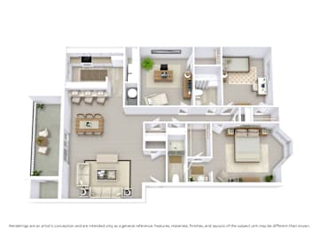 3D floor plan of a 2-bedroom, 2-bathroom apartment with den showing layout and furniture across 1,264 sq. ft.