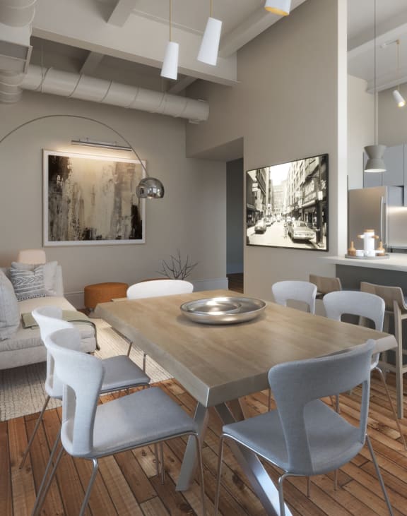 a rendering of a kitchen and dining room with a table and chairs at East 4th Street, Cleveland, OH, 44115