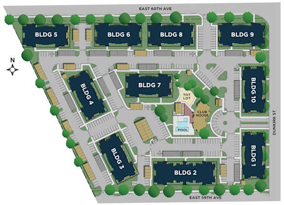 A map shows the layout of a residential complex with buildings labeled BLDG 1 through BLDG 9, a clubhouse, and a pool.