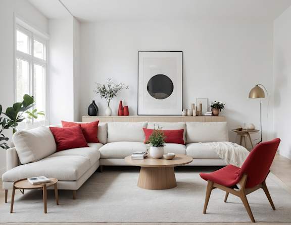 A modern living room with a white sofa, red pillows, and a wooden coffee table.
