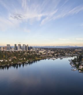 Bellevue Washington Cityscape and Meydenbauer Bay Aerial View stock photo