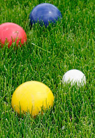 A group of seven balls of different colors are on the grass.
