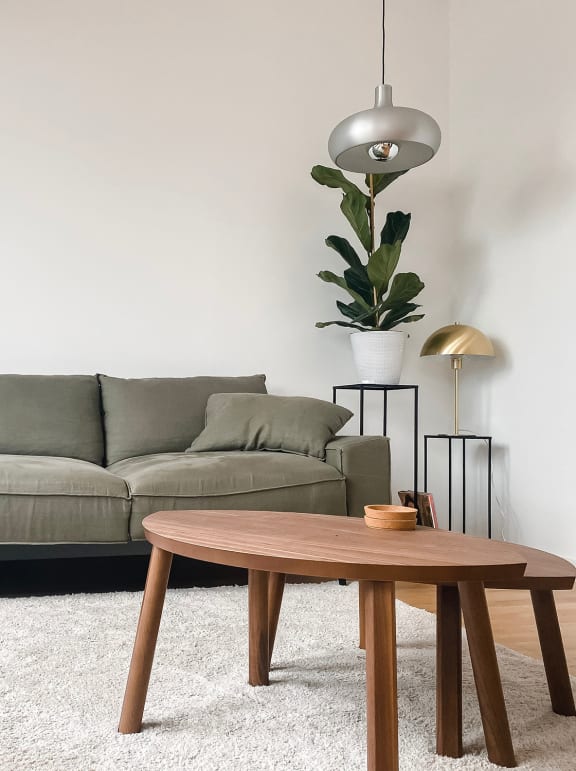 a living room with a green couch and a white rug